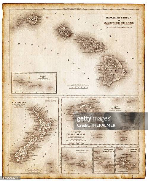 bildbanksillustrationer, clip art samt tecknat material och ikoner med map of pacific islands 1855 - new zealand islands map