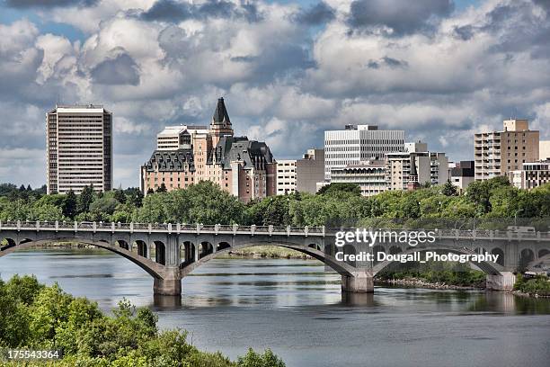 saskatoon skyline with broad view of the university bridge - saskatchewan stock pictures, royalty-free photos & images