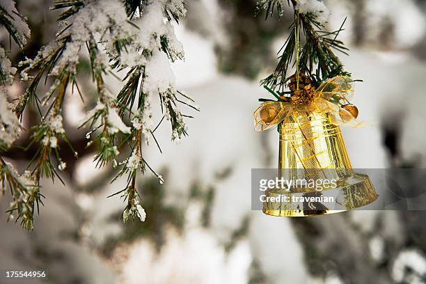christmas bell on pine tree - japanese lantern stock pictures, royalty-free photos & images