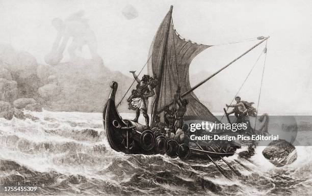 The Cyclops Polyphemus, son of Poseidon, hurls boulders at Ulysses’s ship. A story in Homer’s Odyssey. After a 19th century work by Louis-Frederic...