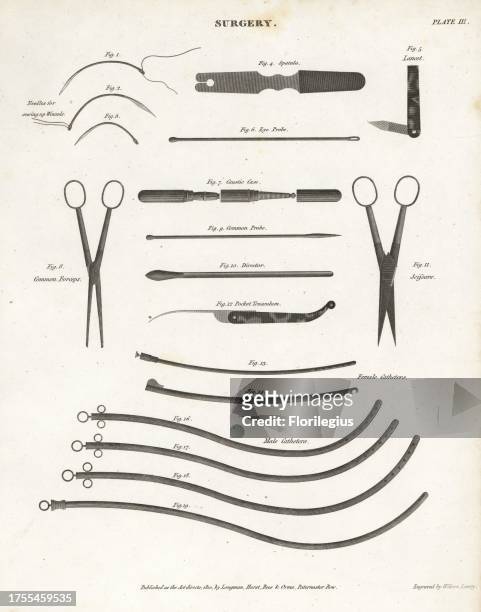 Surgical equipment including spatula, eye probe, caustic case, probe, director, pocket tenaculum, male and female catheters, needles, forceps,...