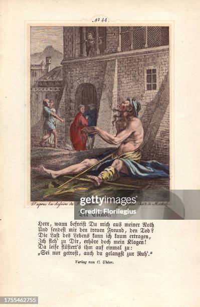 Only the Beggar is not visited by the figure of Death. Instead, this wretch sits forlornly on his crutches outside the town walls as people enter...