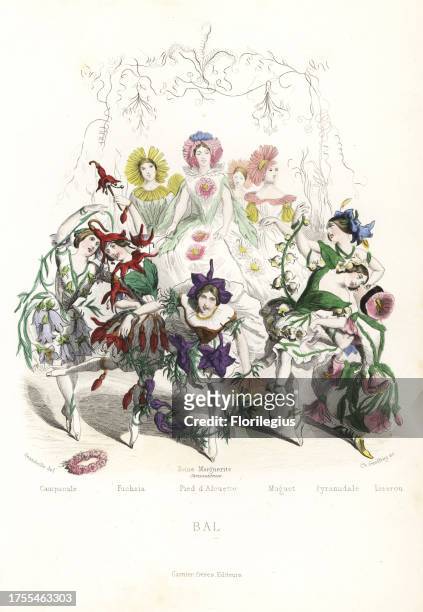 Flower fairy dancers at a ball, with bellflower, fuchsia, larkspur, lily of the valley, pyramidale bellflower and bindweed preceding a regal Chinese...