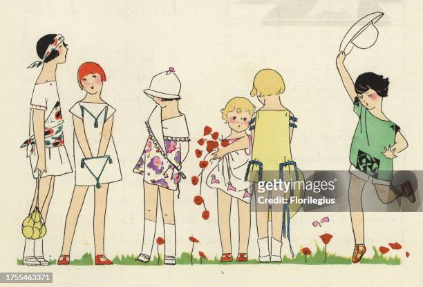 Young girls in print dresses, hats, sandals in white, yellow, green, pink and purple. Handcolored pochoir lithograph from the French luxury fashion...