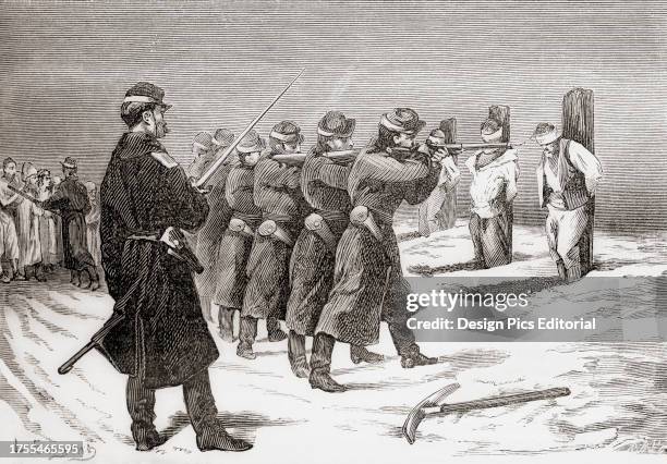 The execution of a group of Bashi-Bazouks, irregular soldiers of the Ottoman army, by Russian soldiers during the Russo-Turkish War . From Russes et...