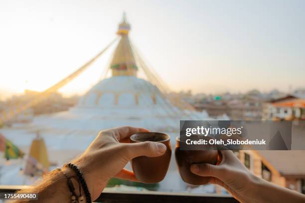 cup of tea with the view on white stupa in kathmandu - nepal food stock pictures, royalty-free photos & images