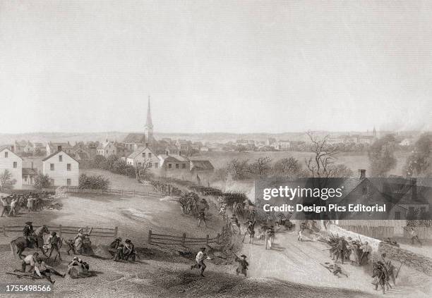 The retreat of the British army from Concord at the end of the Battles of Lexington and Concord, April 19, 1775. The battles triggered the beginning...