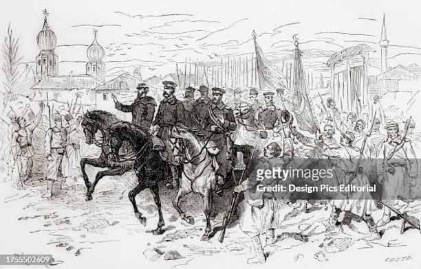Alexander II of Russia, Grand Duke Nicholas Nikolaevich of Russia and Carol or Charles I of Romania make thier entrance into Plevna, Bulgaria in 1877...
