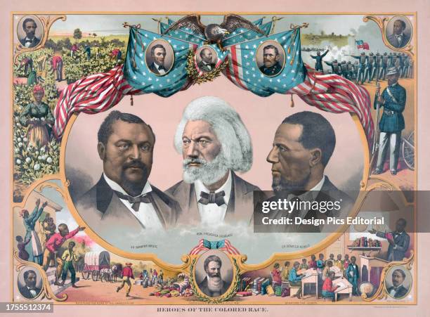 Heroes of the Colored Race. Portraits of three prominent Afro-Americans. From left to right: Blanche Kelso Bruce, 1841 - 1898, United States Senator;...