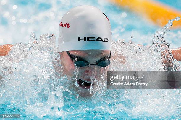 Steffen Deibler of Germany competes during the Swimming Men's 4x100m Medley Relay preliminaries heat one on day sixteen of the 15th FINA World...