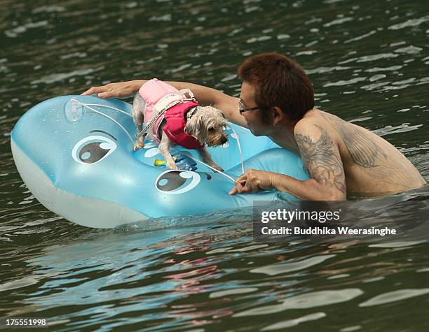 Man bathes his dog at Takeno Beach on August 4, 2013 in Toyooka, Japan. This beach is open for dogs and their owners every summer between the months...