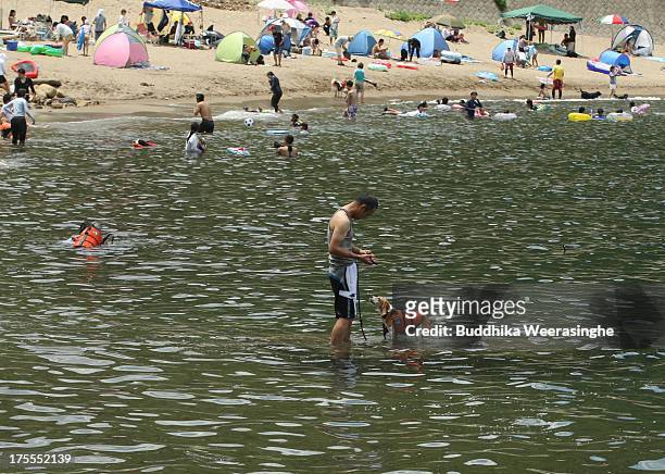 Japanese man and his pet dog bathe in the water at Takeno Beach on August 4, 2013 in Toyooka, Japan. This beach is open for dogs and their owners...