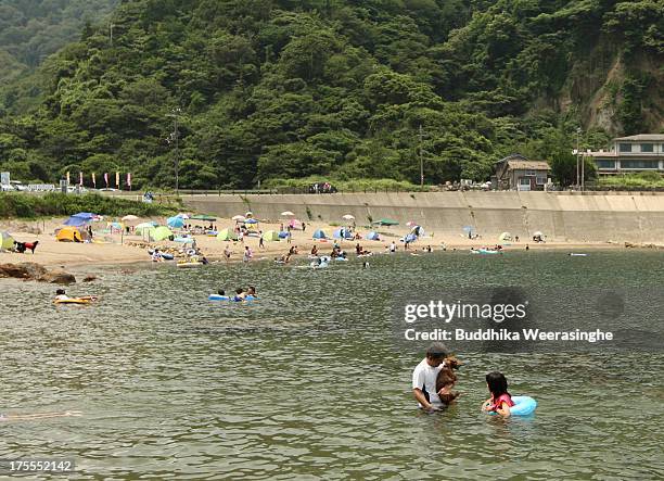 Man and his pet dog bathe in the water at Takeno Beach on August 4, 2013 in Toyooka, Japan. This beach is open for dogs and their owners every summer...