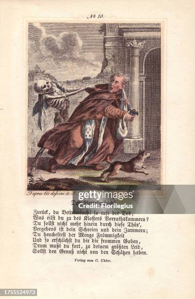 The Mendicant Friar is just entering his convent with his money-box and wallet. Death seizes him by the cowl, and forcibly drags him...