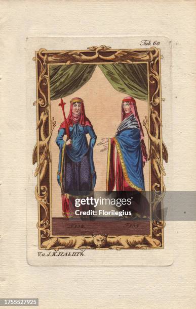 Norman noblewomen in frame decorated with mythical beasts. A Norman woman wearing surtout, sleeves with pockets, veil and diadem . A Norman...