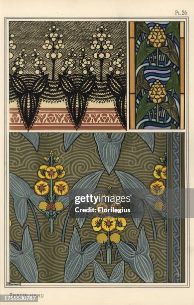 Arrowhead, Sagittaria sagittifolia, as a design motif in embroidery, stained glass and fabric patterns. Lithograph by Verneuil with pochoir...
