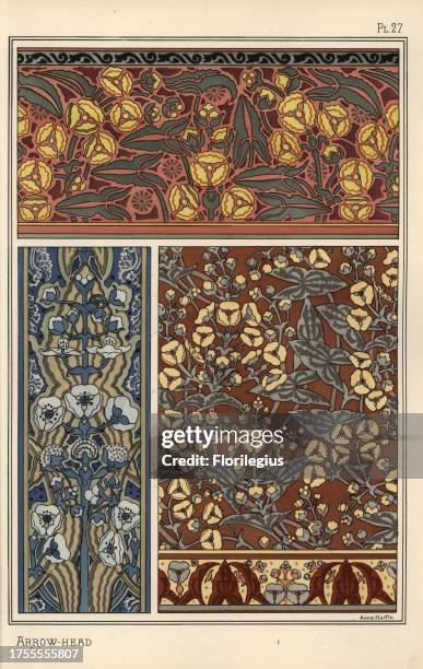 Arrowhead, Sagittaria sagittifolia, as a design motif in wallpaper and fabric patterns. Lithograph by Anna Martin with pochoir handcoloring from...
