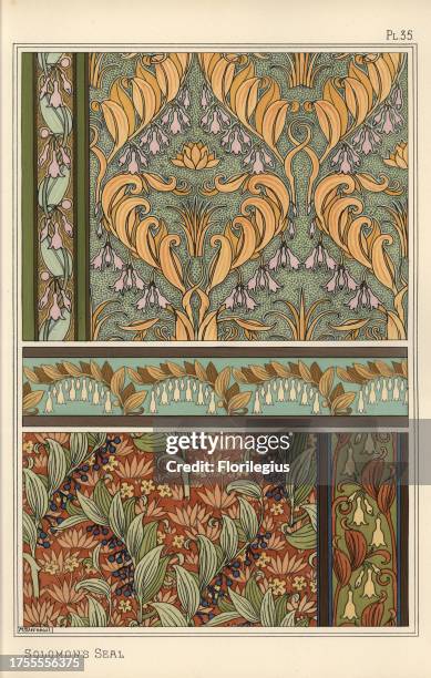 Solomon's seal, Polygonatum multiflorum, as design motif in wallpaper, borders and fabric. Lithograph by Verneuil with pochoir handcoloring from...