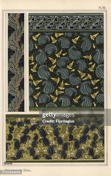 Solomon's seal, Polygonatum multiflorum, as design motif in wallpaper, borders and fabric. Lithograph by G. Bourgeol with pochoir handcoloring from...