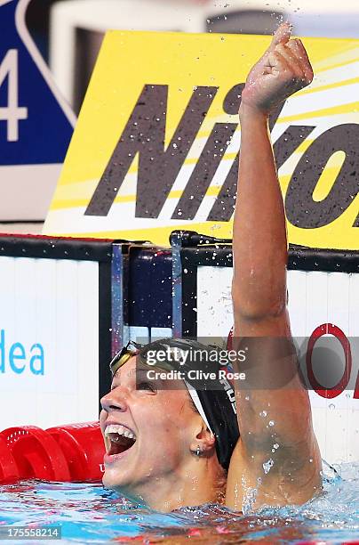 Yuliya Efimova of Russia celebrates winning the Swimming Women's Breaststroke 50m Final on day sixteen of the 15th FINA World Championships at Palau...