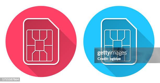 micro sim card. round icon with long shadow on red or blue background - computer chip close up stock illustrations