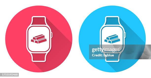 smartwatch with gold bars. round icon with long shadow on red or blue background - stacked bricks stock illustrations
