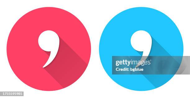 komma-symbol. rundes symbol mit langem schatten auf rotem oder blauem hintergrund - komma stock-grafiken, -clipart, -cartoons und -symbole