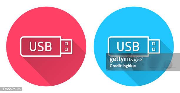 usb-flash-laufwerk. rundes symbol mit langem schatten auf rotem oder blauem hintergrund - using computer stock illustrations stock-grafiken, -clipart, -cartoons und -symbole