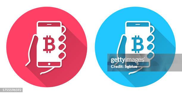 smartphone with bitcoin sign. round icon with long shadow on red or blue background - mobile payment stock illustrations