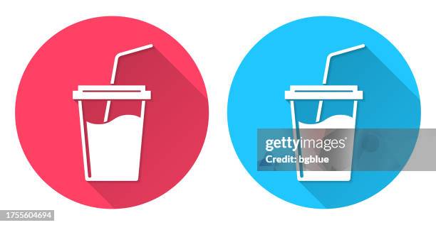 cup with straw. round icon with long shadow on red or blue background - two coffee cups stock illustrations