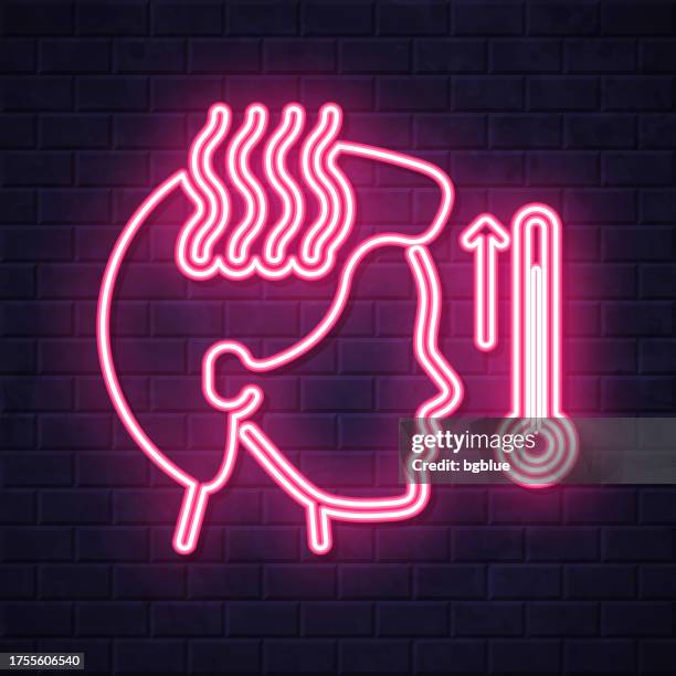 sick person with fever. glowing neon icon on brick wall background - looking over wall stock illustrations