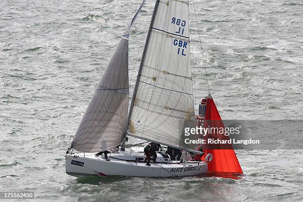 Alice", a J109 caught up on East Leap buoy with the spinaker under the boat during day two of the Aberdeen Asset Management Cowes Week on August 04,...