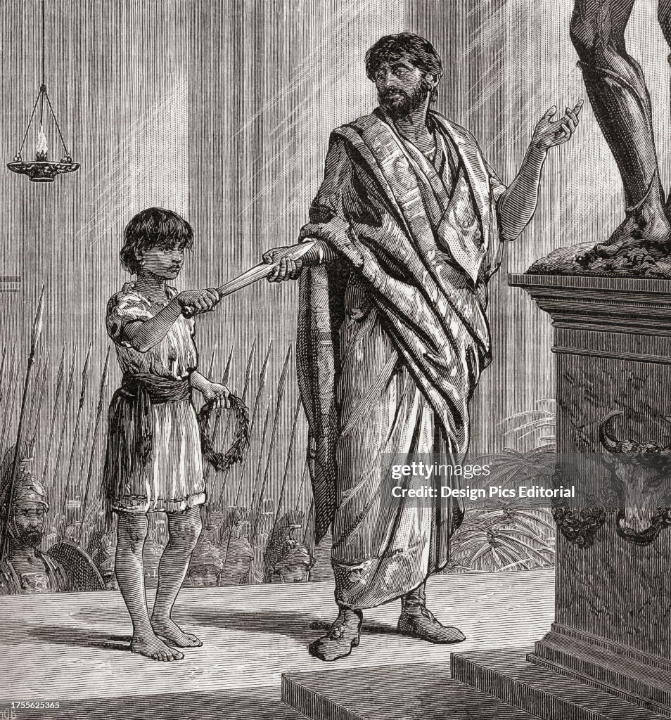 The child Hannibal Barca, 247 - circa 183 BC swears to his father, Hamilcar Barca, circa 275 - 228 BC, that he will never be a friend of Rome