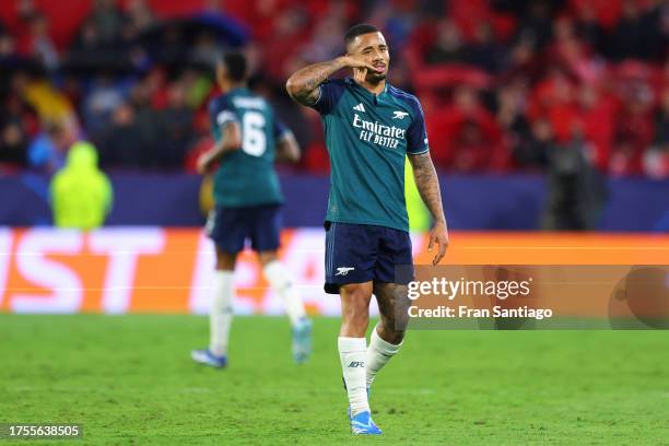 Gabriel Jesus of Arsenal FC celebrates after scoring the teams second goal during the UEFA Champions League match between Sevilla FC and Arsenal FC...