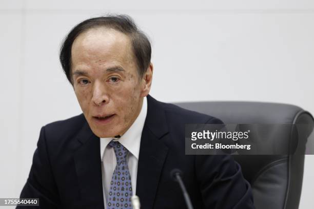 Kazuo Ueda, governor of the Bank of Japan , attends a news conference at the central bank's headquarters in Tokyo, Japan, on Tuesday, Oct. 31,...