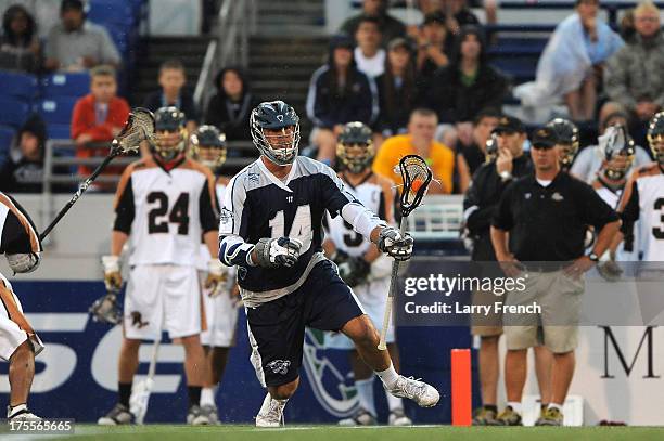 Drew Westervelt of the Chesapeake Bayhawks moves the ball against the Rochester Rattlers at Navy-Marine Corps Memorial Stadium on August 3, 2013 in...