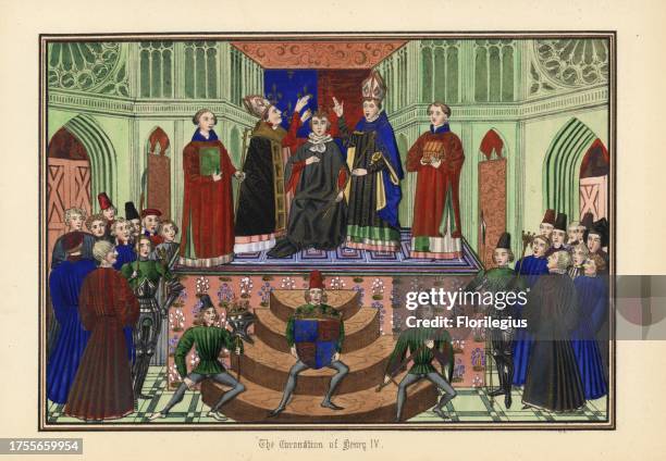 The coronation of King Henry IV of England, 1399. The king is crowned by bishops in Westminster Abbey, while pages hold his coat of arms, helm and...