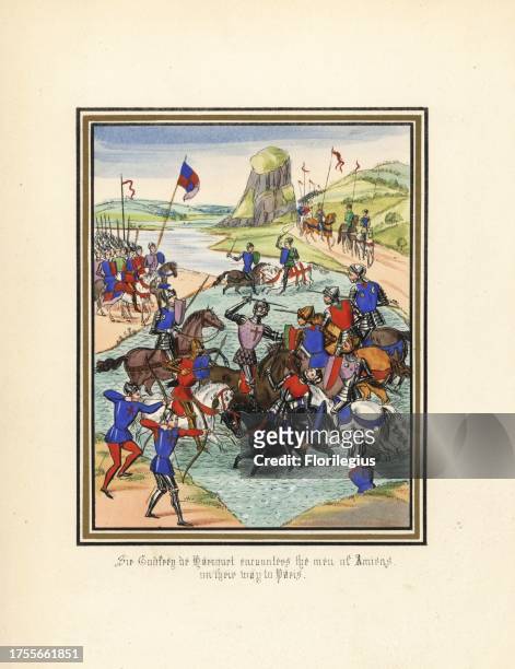Sir Godfrey de Harcourt and his knights defeat the men of Amiens on their way to Paris, 1346 Crecy Campaign, 100 Years War. Handcoloured lithograph...
