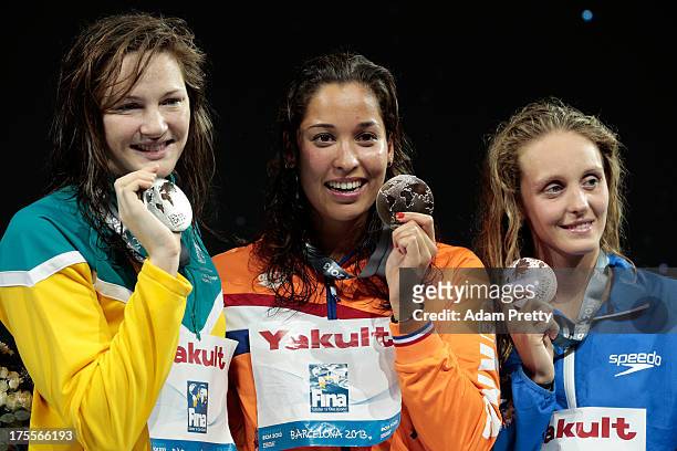 Silver medal winner Cate Campbell of Australia, Gold medal winner Ranomi Kromowidjojo of the Netherlands and Bronze medal winner Francesca Halsall of...