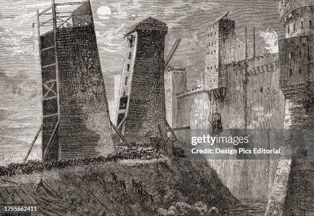Siege tower at The Siege of Athens and Piraeus, 87–86 BC. Siege towers were built to protect attackers and ladders while approaching the defensive...
