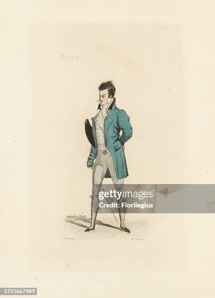 English man in the fashion of February 1805. He wears his hair in the Charles 12 hairstyle, short tailed coat, waistcoat, cravat, seagreen breeches,...
