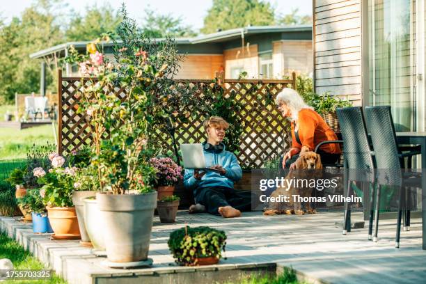 teenage boy and grandmother together in the garden with dog. - multi generational family with pet stock pictures, royalty-free photos & images