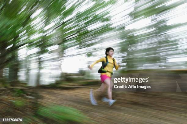 young japanese woman trail running at mount daibosatsu, yamanashi prefecture, japan - cross country road trip stock pictures, royalty-free photos & images