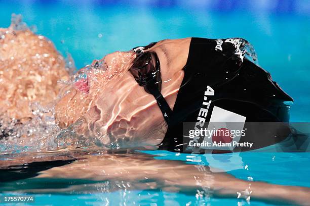 Aya Terakawa of Japan competes in the Women's Medley 4x100m Relay Final on day sixteen of the 15th FINA World Championships at Palau Sant Jordi on...