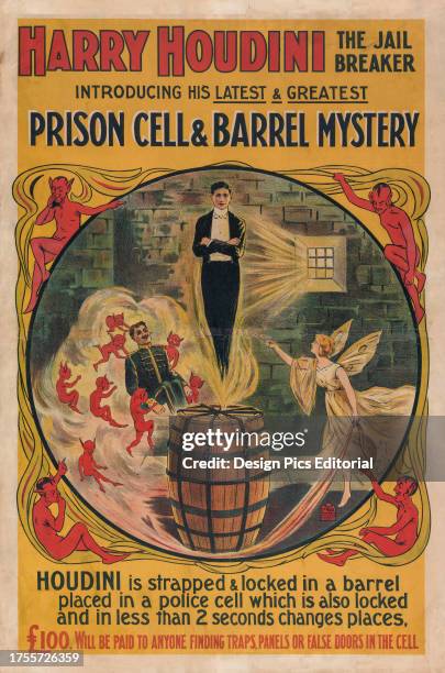 Poster for performance in England of escape artist and illusionist Harry Houdini from circa 1905. Hungarian-American Harry Houdini, born Eric Weisz,...