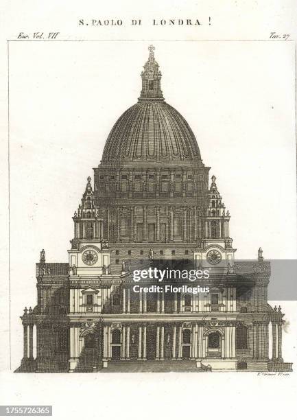 Front elevation of St. Paul's Cathedral, London, 18th century. Copperplate drawn and engraved by P. Giarre from Giulio Ferrario's Costumes Ancient...