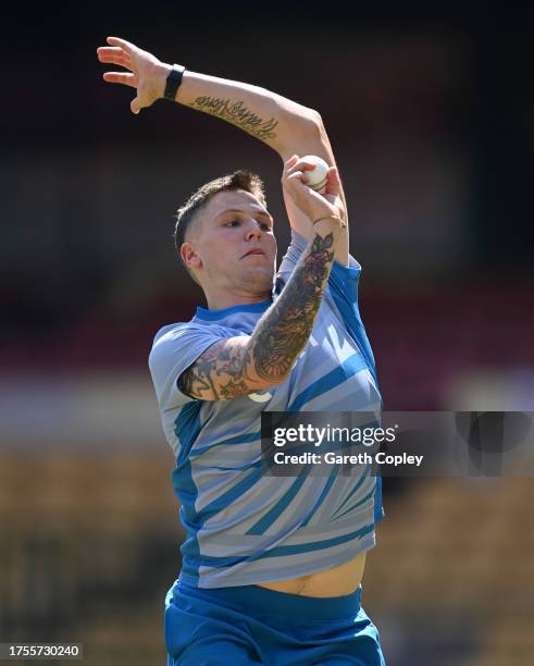 Brydon Carse of England bowls during nets session at Karnataka State Cricket Association Stadium on October 25, 2023 in Bangalore, India.