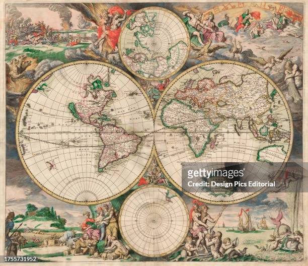 Hand coloured, world map by Gerard van Schagen, published in Amsterdam in the 1680’s as Nova totius terrarum orbis tabula ex officina G. A. Schagen...
