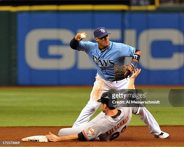 Infielder Yunel Escobar of the Tampa Bay Rays sets to throw to first base after a second-inning force out against the San Francisco Giants August 4,...