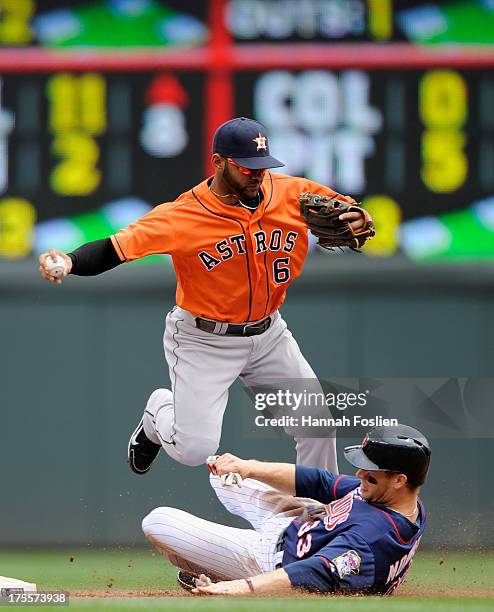 Justin Morneau of the Minnesota Twins breaks up a double play by Jonathan Villar of the Houston Astros as he is out at second base during the fourth...